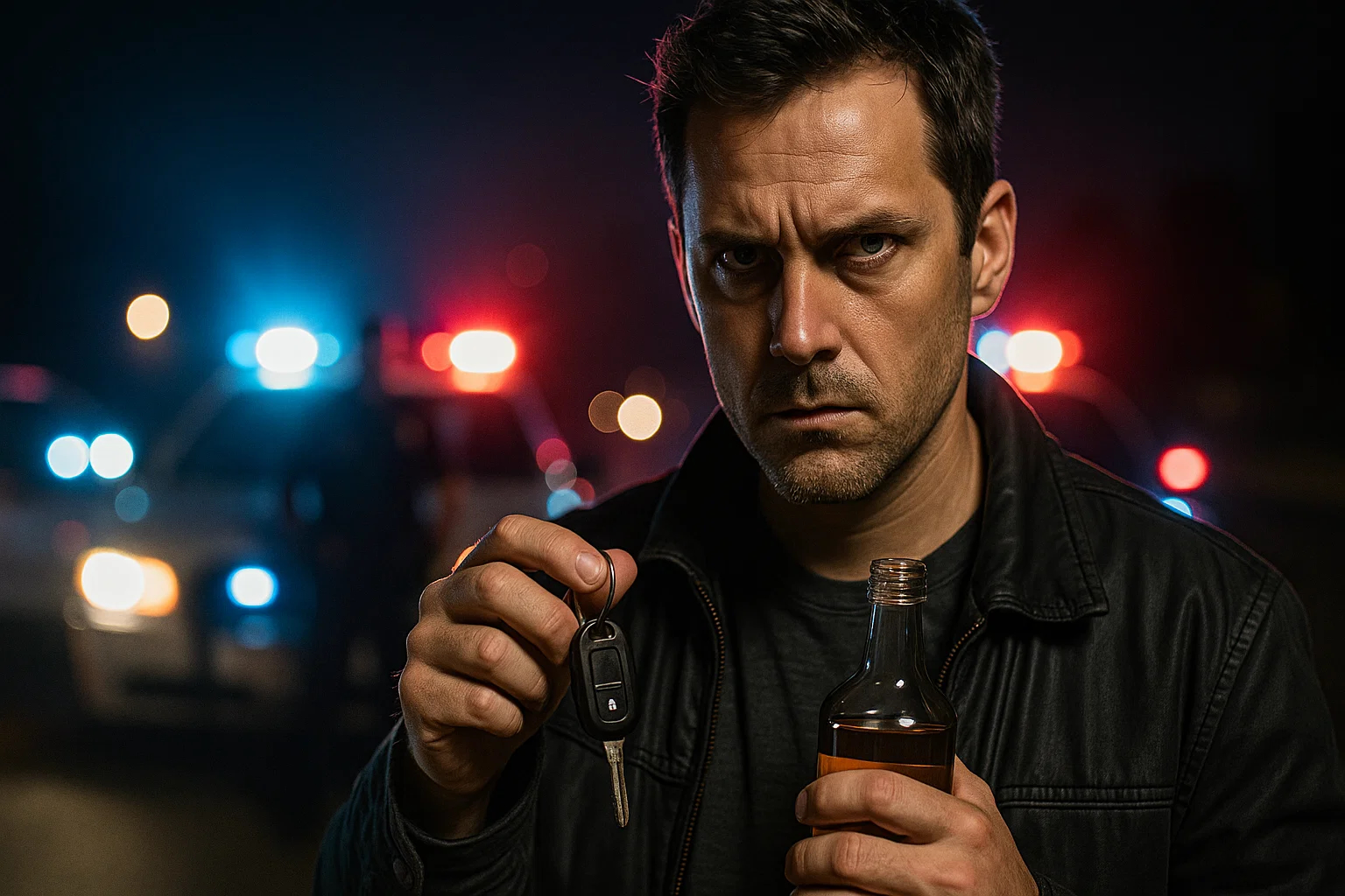 Drunk driver DUI stop police holding keys and liquor bottle